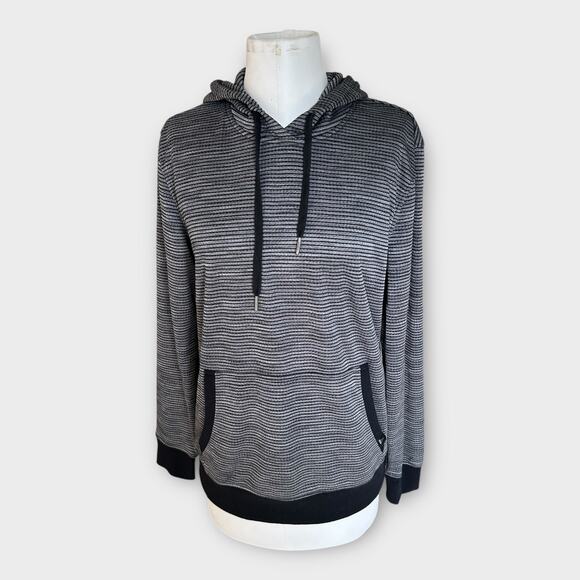 Womens PrAna Striped Hoodie Sweatshirt sz Large Black Gray Stripes Gorpcore Cozy - Picture 8 of 9